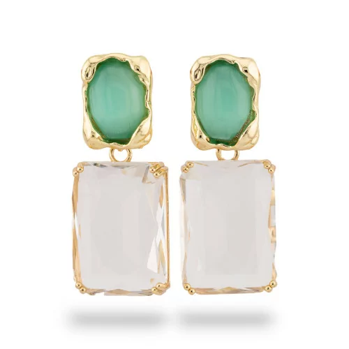 Boucles d'oreilles à tige en bronze avec œil de chat et cristaux CZ sertis dorés 18x40 mm ALYSSA vert et blanc