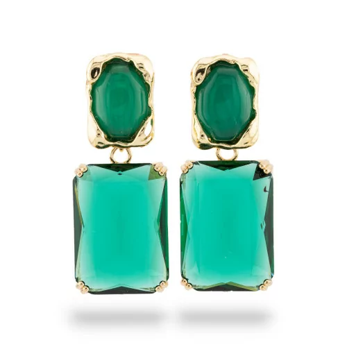 ALYSSA Emerald Green 18x40mm Gold Set CZ Crystal Cat's Eye Bronze Stud Earrings