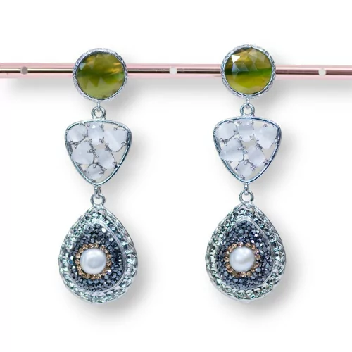 Boucles D'oreilles Tige En Bronze Et Oeil De Chat Sertie D'un Plectre Avec Composant En Marcassite Gris Vert