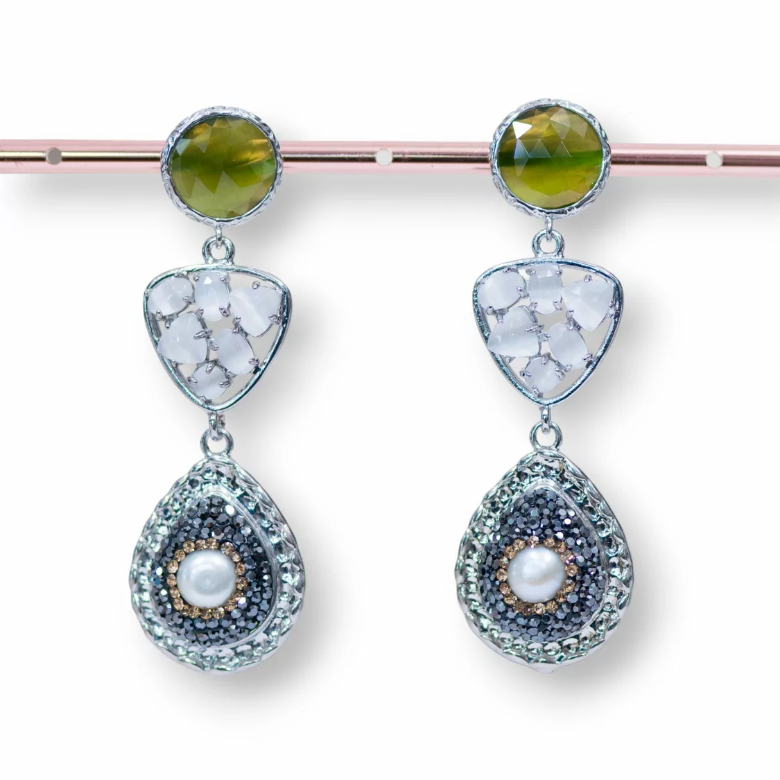 Orecchini A Perno Di Bronzo E Occhio Di Gatto Incastonato Plettro Con Componente Di Marcasite Verde Grigio-BRONZO CRYSTAL | Worldofjewel.com