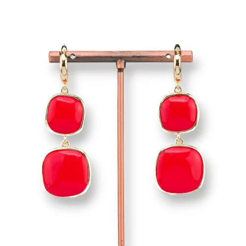 Boucles d'oreilles Puces Bronze Oeil de Chat Double Carré 22x60mm Rouge