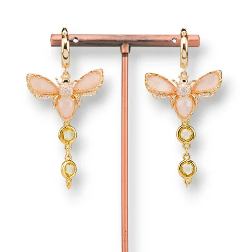 Boucles d'oreilles tiges en bronze avec abeilles oeil de chat avec zircons et perles de rivière 32x70mm pêche