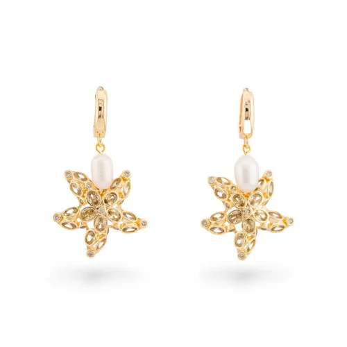 Bronze Stud Earrings With Starfish Elements With Zircons And Pearls Gold MOD1