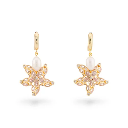 Bronze Stud Earrings With Starfish Elements With Zircons And Pearls Gold MOD2