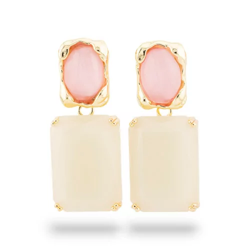 Boucles d'oreilles clous en bronze avec œil de chat et cristaux CZ sertis dorés 18x40 mm ALYSSA rose blanc