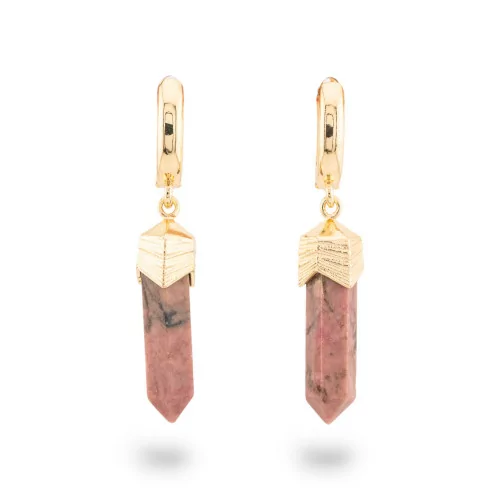 Bronze Stud Earrings With Rhodonite Golden Obelisk Stone Pendants