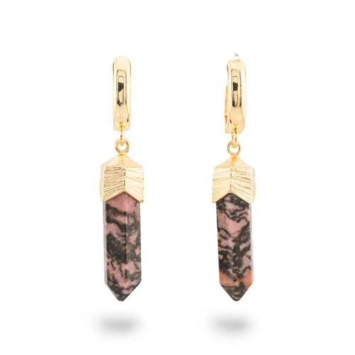 Bronze Stud Earrings With Golden Obelisk Stone Pendants Dark Rhodonite