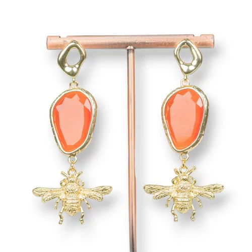 Boucles d'oreilles clous en bronze avec oeil de chat et abeilles en bronze 26x60mm Orange