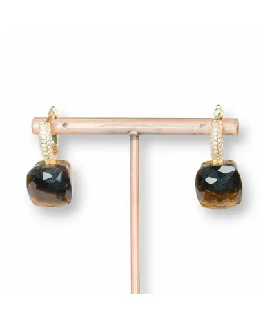 Orecchini A Monachella Chiusa Di Bronzo Con Occhio Di Gatto Taglio Cuscino Con Zirconi 13x26mm Dorato Marrone Scuro-ORECCHINI HOT PICKS | Worldofjewel.com