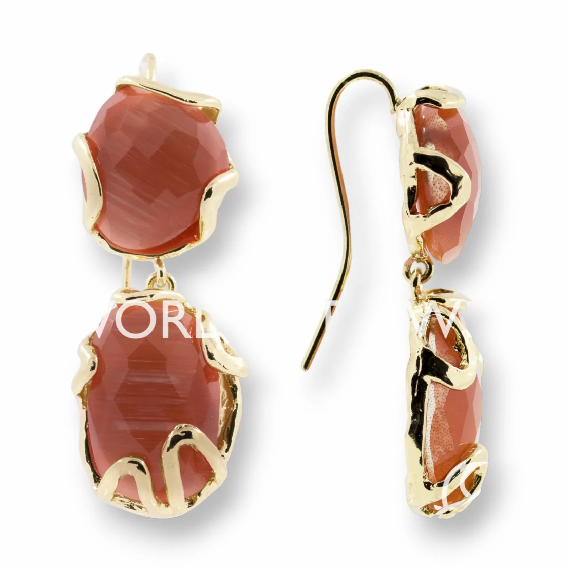 Orecchini A Monachella Di Bronzo Con Occhio Di Gatto 16x44mm 1 Paio Dorato Arancio-BRONZO CRYSTAL | Worldofjewel.com