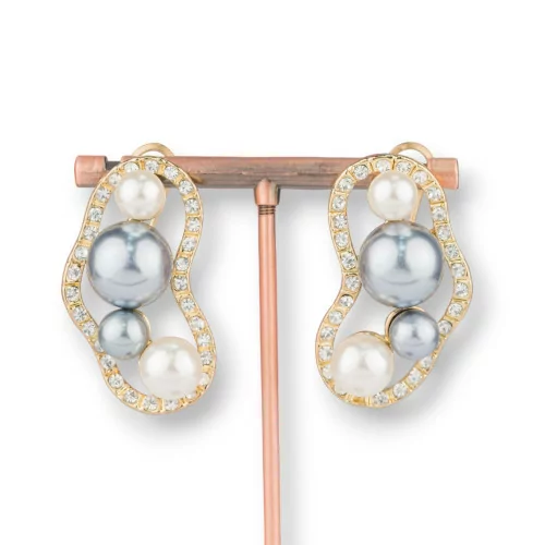 Clip On Brass Stud Earrings With Two-Tone Mallorca Pearls And Zirconia 23x40mm Gold