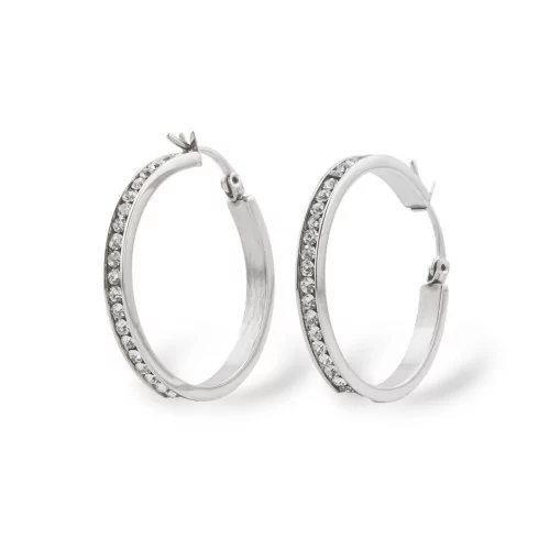 Steel Hoop Earrings With Rhinestone 30mm 1 Pair