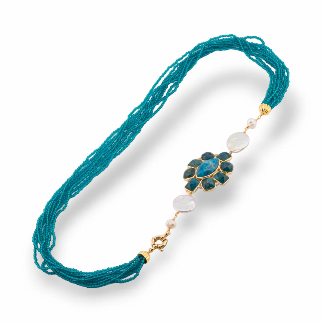 Collana Bijoux Multifilo Di Cristalli CZ Con Perle Di Fiume E Centrale Di Pietre E Bronzo 60cm Ottanio-DESIGN ITALY | Worldofjewel.com