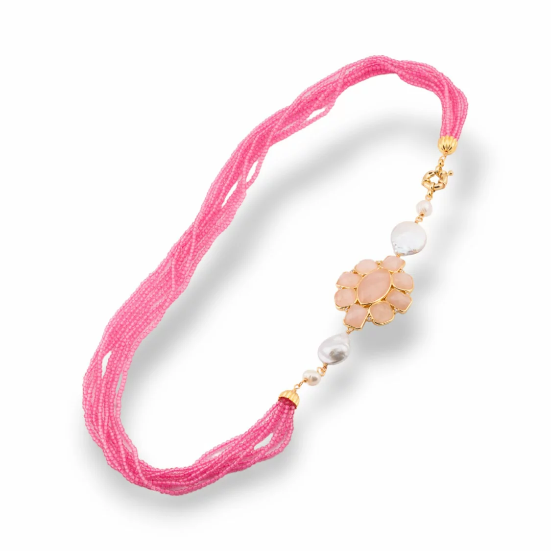 Collana Bijoux Multifilo Di Cristalli CZ Con Perle Di Fiume E Centrale Di Pietre E Bronzo 60cm Rosa-DESIGN ITALY | Worldofjewel.com