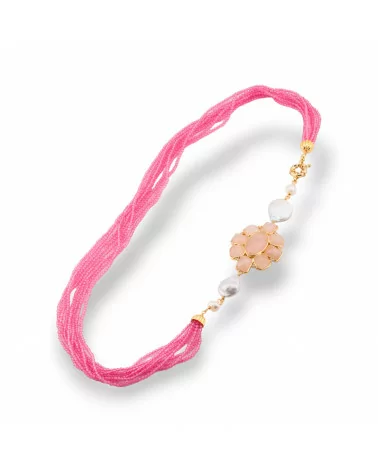 Collana Bijoux Multifilo Di Cristalli CZ Con Perle Di Fiume E Centrale Di Pietre E Bronzo 60cm Rosa-DESIGN ITALY | Worldofjewel.com