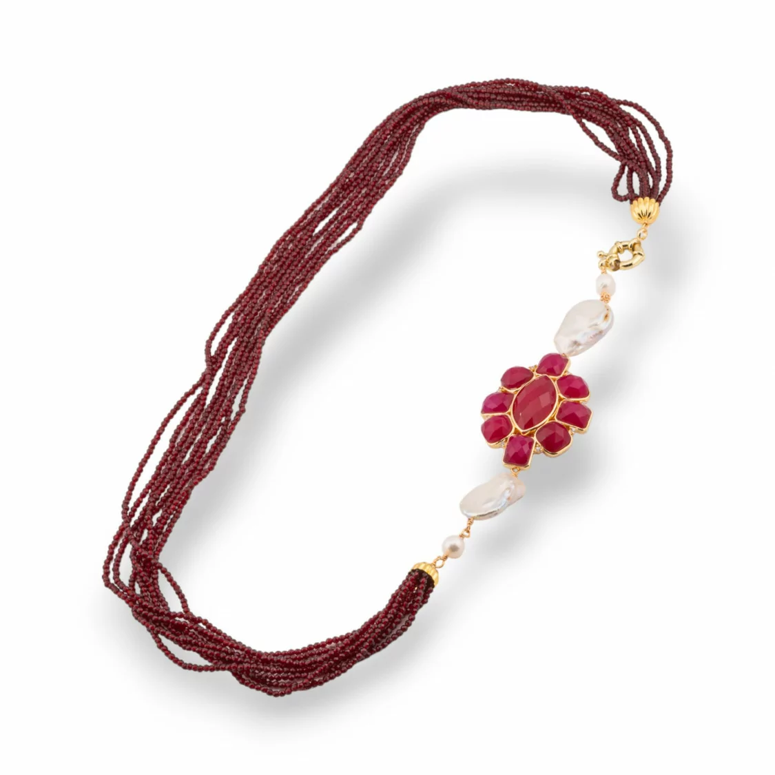 Collana Bijoux Multifilo Di Cristalli CZ Con Perle Di Fiume E Centrale Di Pietre E Bronzo 60cm Rosso-DESIGN ITALY | Worldofjewel.com