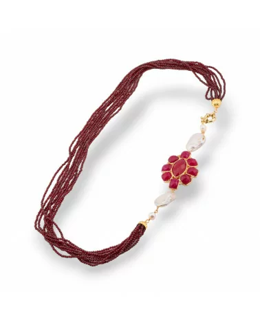 Collana Bijoux Multifilo Di Cristalli CZ Con Perle Di Fiume E Centrale Di Pietre E Bronzo 60cm Rosso-DESIGN ITALY | Worldofjewel.com