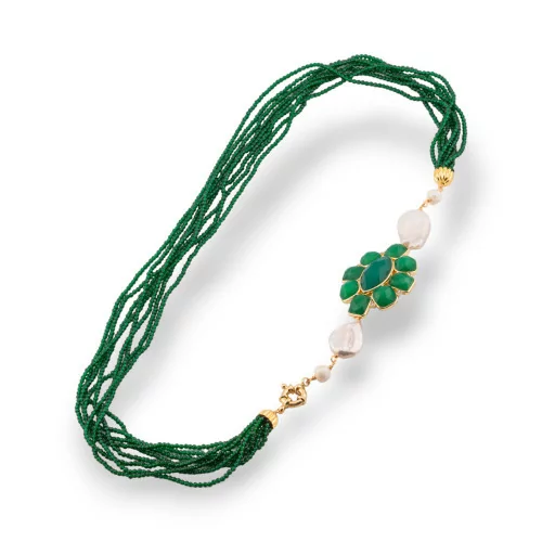 Collier Multibrins Bijoux de Cristaux CZ avec Perles de Rivière et Pierres Centrales et Bronze 60cm Vert