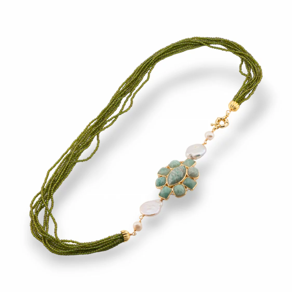 Collana Bijoux Multifilo Di Cristalli CZ Con Perle Di Fiume E Centrale Di Pietre E Bronzo 60cm Verde Bosco-DESIGN ITALY | Worldofjewel.com