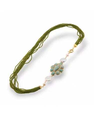 Collana Bijoux Multifilo Di Cristalli CZ Con Perle Di Fiume E Centrale Di Pietre E Bronzo 60cm Verde Bosco-DESIGN ITALY | Worldofjewel.com