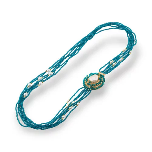 Κολιέ Bijoux Multistrand από CZ Crystals με Πέρλες River and Mallorca και Αιματίτη 60cm Teal