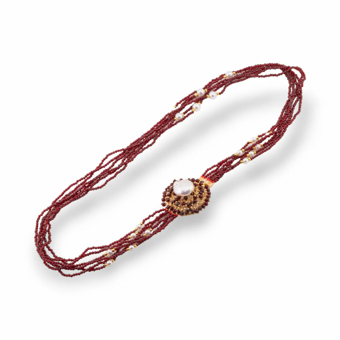 Collana Bijoux Multifilo Di Cristalli CZ Con Perle Di Fiume E Maiorca E Ematite 60cm Ruby Scuro-DESIGN ITALY | Worldofjewel.com