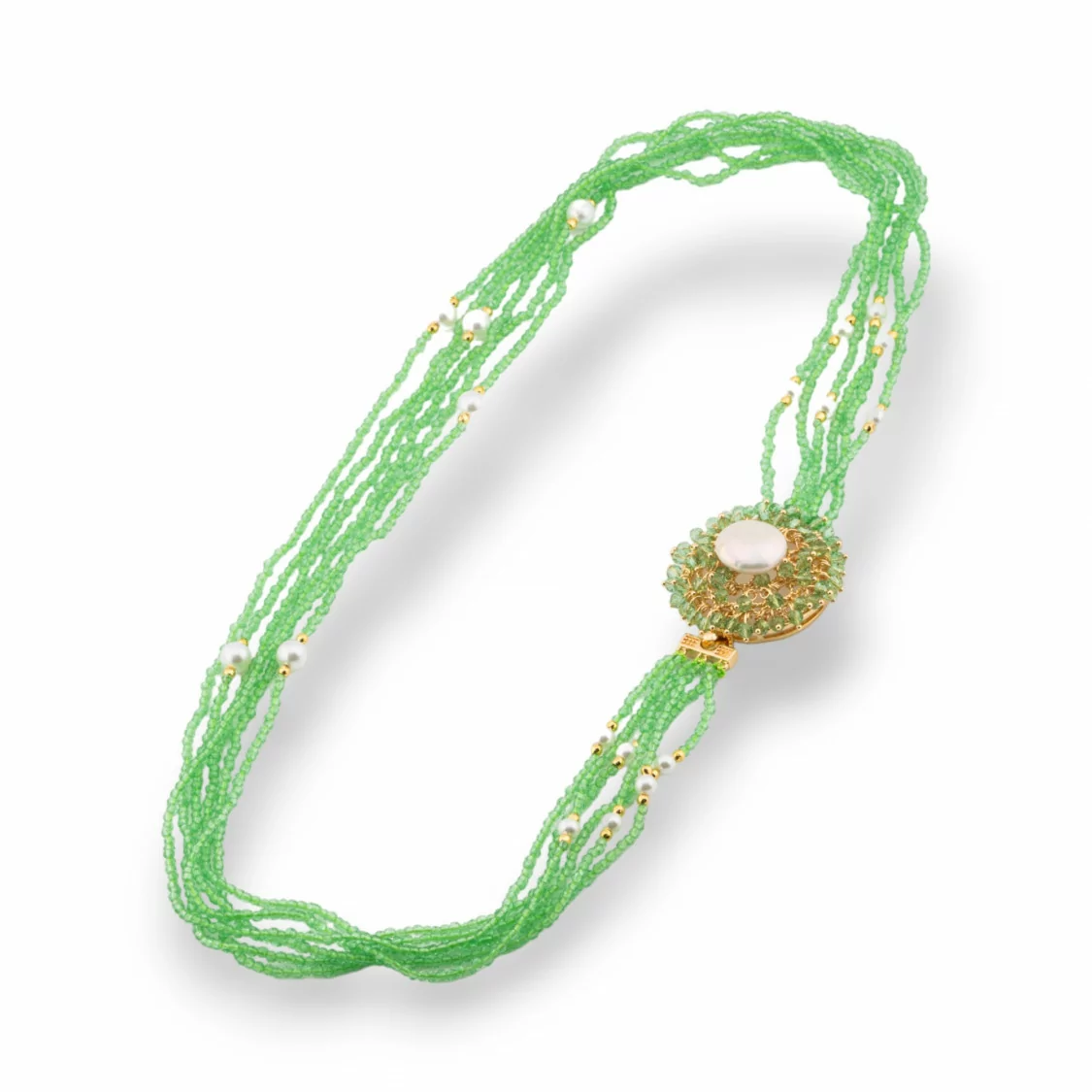 Collana Bijoux Multifilo Di Cristalli CZ Con Perle Di Fiume E Maiorca E Ematite 60cm Verde Chiaro-DESIGN ITALY | Worldofjewel.com