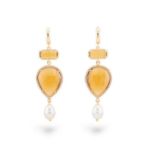 Boucles d'oreilles clous en bronze avec élément oeil de chat et gouttes avec zircons et perles de Majorque 20x72mm jaune moutard