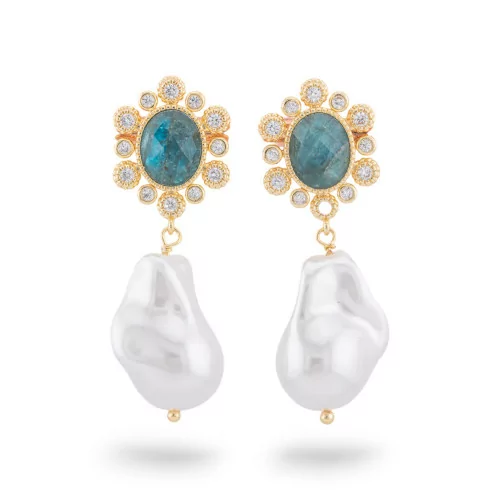 Boucles D'oreilles Puces En Bronze Oeil De Chat Et Goutte D'Apatite Dorée De Majorque