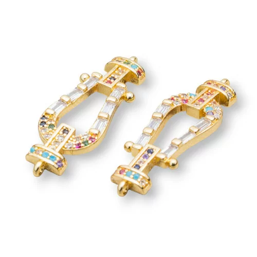 Connecteur Composant Bronze Avec Zircons Multicolores Avec 2 Anneaux 10x30mm 5pcs Doré