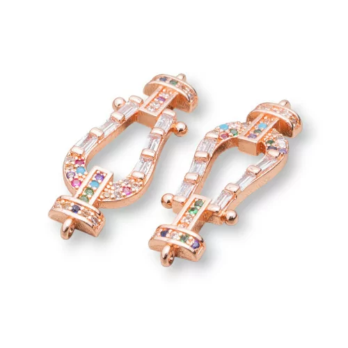 Connecteur Composant Bronze Avec Zircons Multicolores Avec 2 Anneaux 10x30mm 5pcs Or Rose