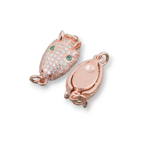 Ασημένιο κούμπωμα 925 με Micropave Zircons Armadillo Head 8,5x14mm 2τμχ Rose Gold Green