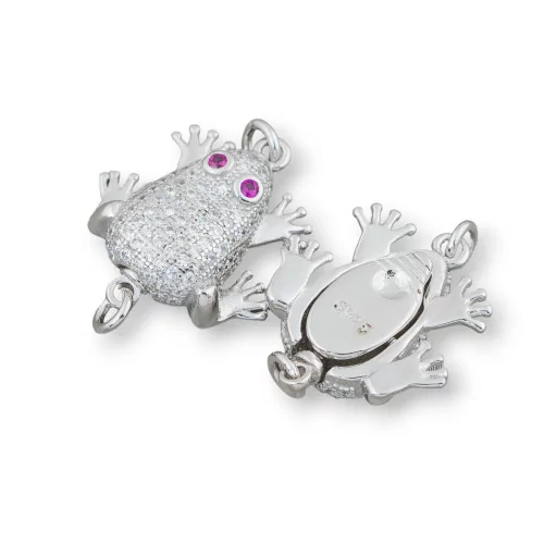 925 Silver Clasp With Zircons Frog 16x19mm 1pc Rhodium Plated With Red Eyes