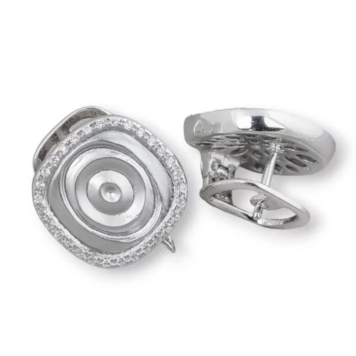 Base Pour Boucles D'Oreilles En Argent 925 Avec Zircons Tige Fermée 15mm 1 Paire Plaqué Rhodium