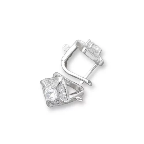 Base Pour Boucles D'Oreilles En Argent 925 Avec Zircons Tige Fermée Losange 12x15mm 1 Paire Plaqué Rhodium