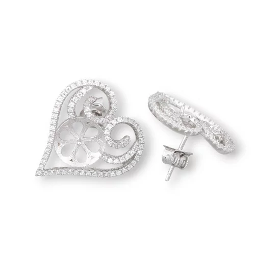 Base Pour Boucles D'Oreilles En Argent 925 Avec Zircons Coeur Stud 20mm 1 Paire Plaqué Rhodium