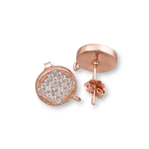 925 Silver Earring Base With Zirconia Round Pin 9mm Pave' Square 2 Pairs Rose Gold