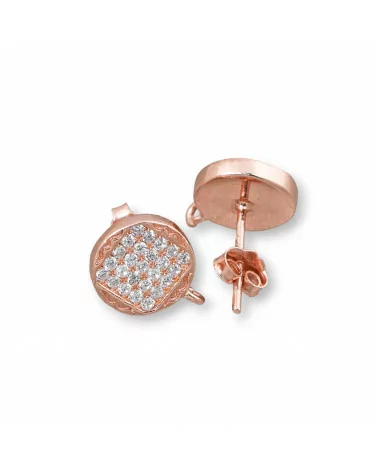 Base Per Orecchini Di Argento 925 Con Zirconi Perno Tondo 9mm Pave' Quadrato 2 Paia Oro Rosa-BASI DI ARGENTO 925 | Worldofjewel.com