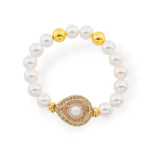 Elastic Bracelet Of 10mm Hard Stones And Central Marcasite Pearls Of Majorca Golden Drop