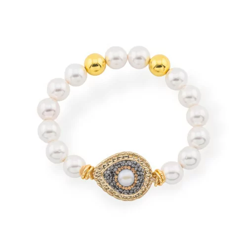 Elastic Bracelet Of 10mm Hard Stones And Central Marcasite Pearls Of Majorca Gold Black Drop