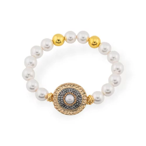 Elastic Bracelet Of 10mm Hard Stones And Central Marcasite Pearls Of Mallorca Gold Black Round