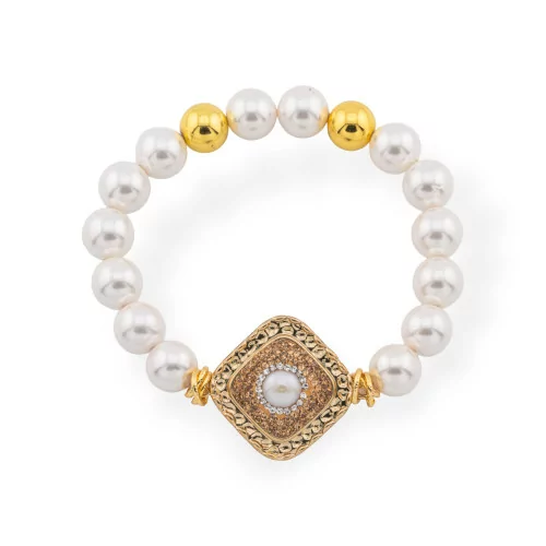 Elastic Bracelet Of 10mm Hard Stones And Central Marcasite Pearls Of Mallorca Gold Rhombus