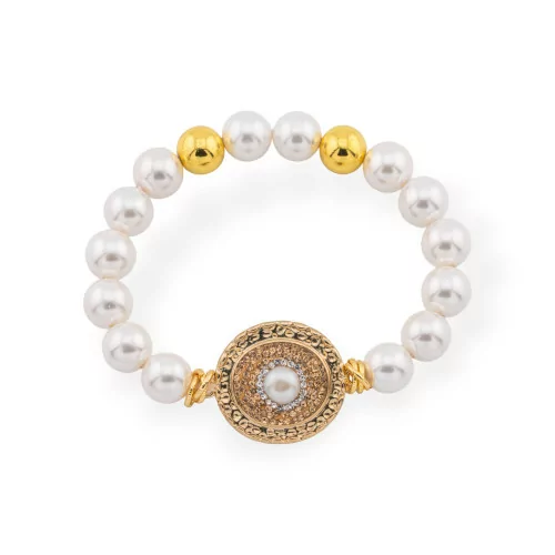 Elastic Bracelet Of 10mm Hard Stones And Central Marcasite Pearls Of Mallorca Round Gold