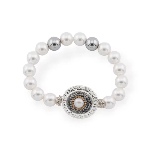 Elastic Bracelet Of 10mm Hard Stones And Central Marcasite Round Majorca Pearls