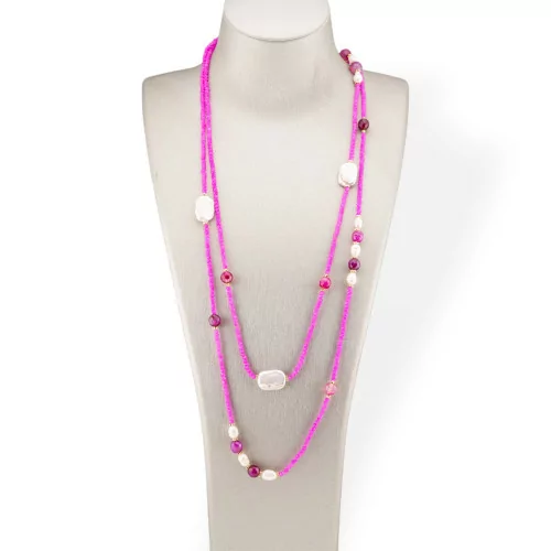 Bijoux Charlestone Necklace Of CZ Crystals With Hard Stones And River Pearls With Hematite 160cm Fuchsia