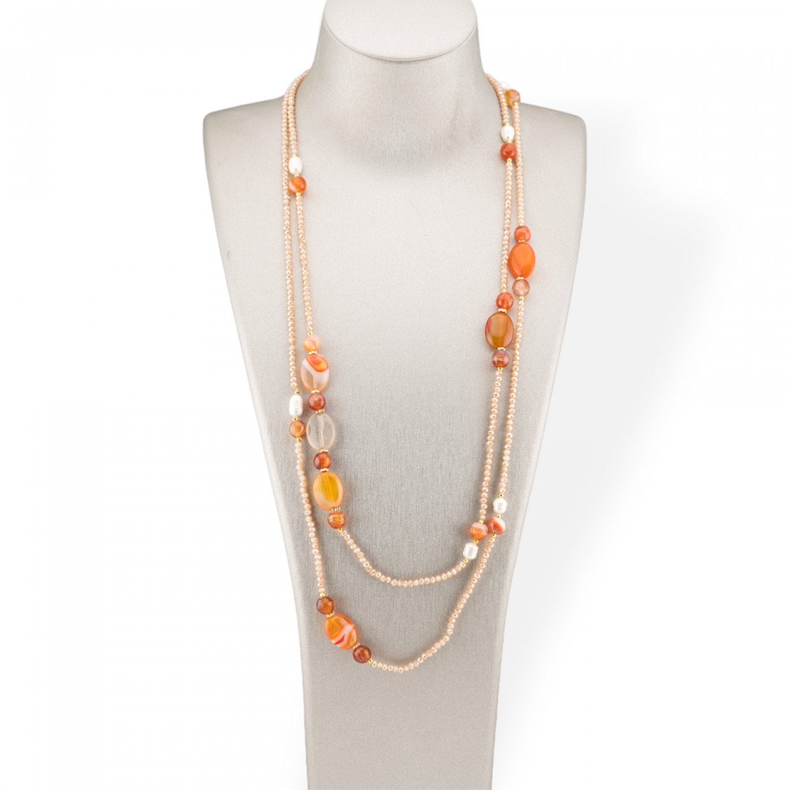 Collana Bijoux Charlestone Di Cristalli CZ Con Pietre Dure E Perle Di Fiume Con Ematite 160cm MOD42 Arancio-DESIGN ITALY | Worldofjewel.com