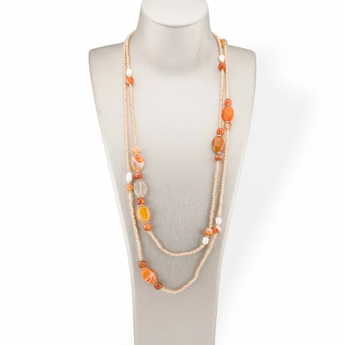 Collana Bijoux Charlestone Di Cristalli CZ Con Pietre Dure E Perle Di Fiume Con Ematite 160cm MOD42 Arancio-DESIGN ITALY | Worldofjewel.com