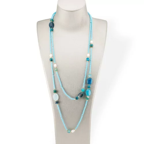 Bijoux Charleston Collier de cristaux CZ avec pierres semi-précieuses et perles de rivière avec hématite 160 cm MOD42 bleu clair