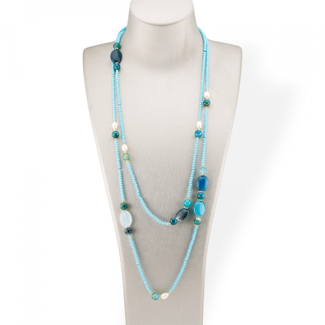 Collana Bijoux Charlestone Di Cristalli CZ Con Pietre Dure E Perle Di Fiume Con Ematite 160cm MOD42 Celeste-DESIGN ITALY | Worldofjewel.com