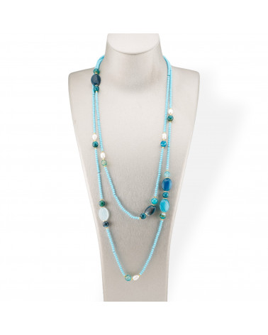 Collana Bijoux Charlestone Di Cristalli CZ Con Pietre Dure E Perle Di Fiume Con Ematite 160cm MOD42 Celeste-DESIGN ITALY | Worldofjewel.com